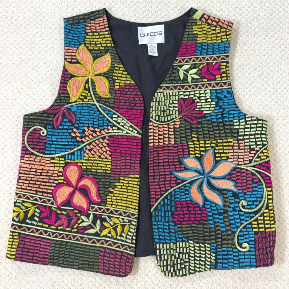 Vintage Floral Embroidered Vest Chico's Medium Artisan Boho Cottage Maximalist
